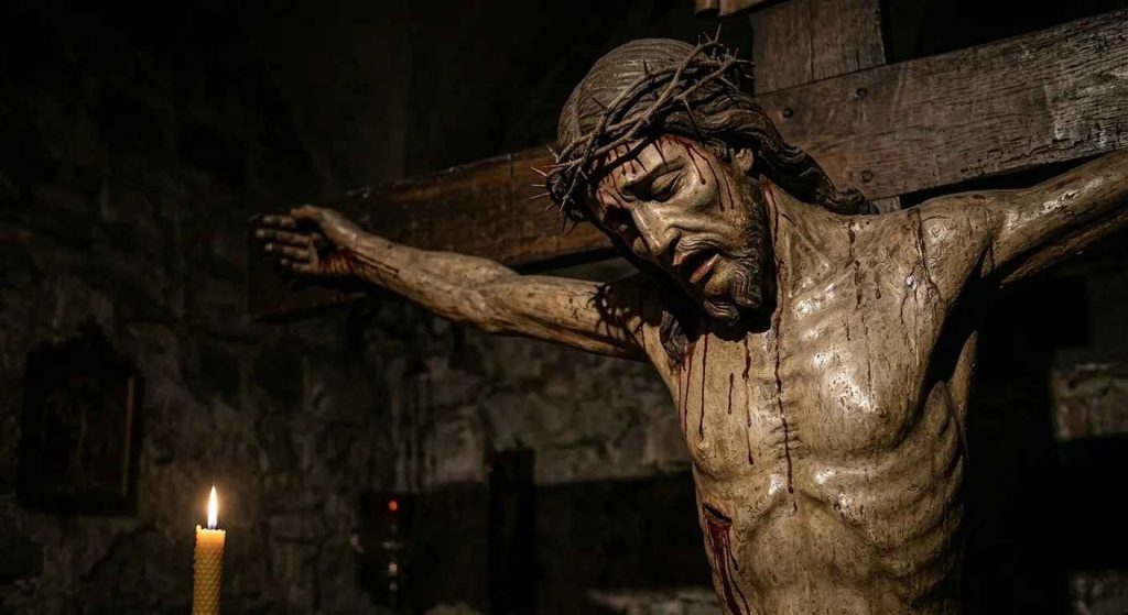 Esempio di iconografia sacra del Christus Patiens con un crocifisso ligneo medievale che esalta la sofferenza e il sangue