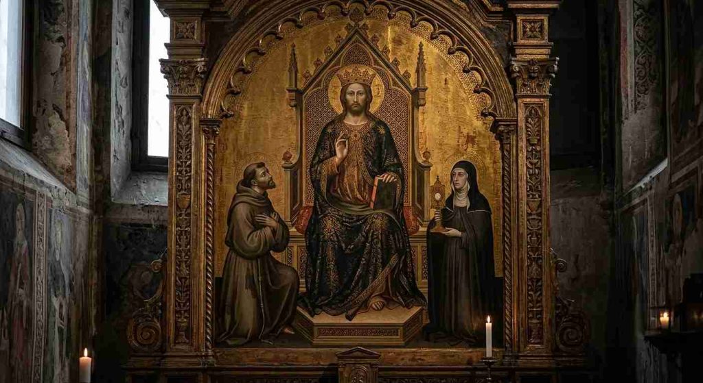 L'iconografia sacra bizantina del Cristo Pantocratore su fondo oro in un antico mosaico absidale