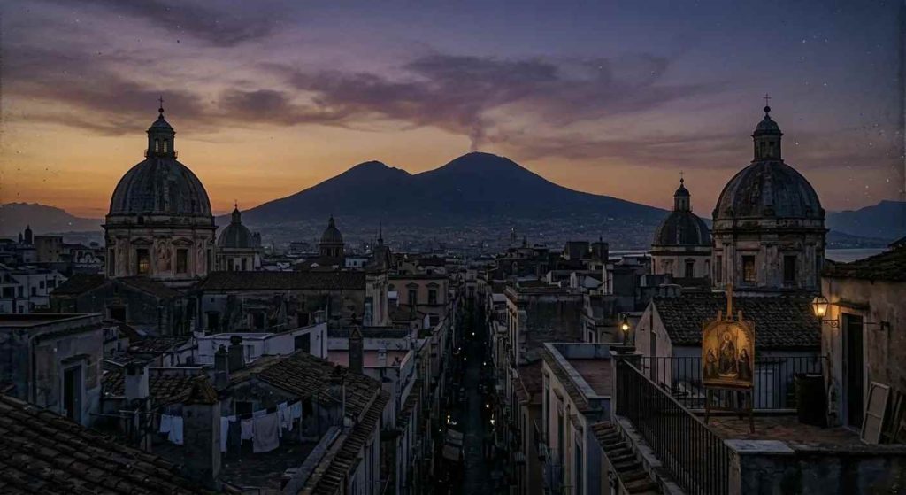 Veduta notturna dei tetti di Napoli nel 1892 con il Vesuvio e un cavalletto da pittore, legata alla storia dell'iconografia sacra